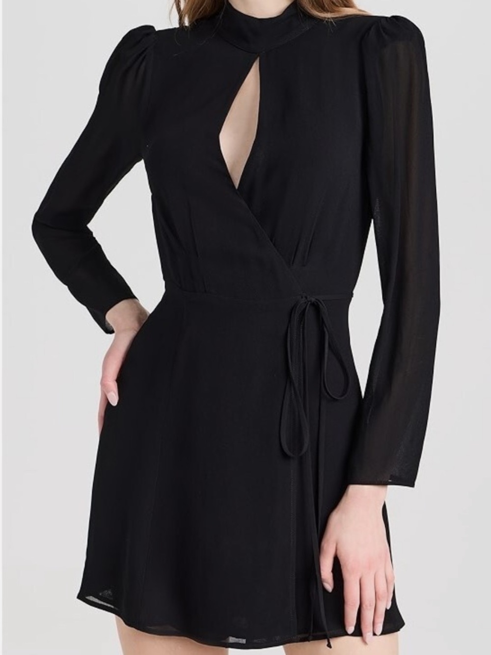 Reformation Ottessa Long-Sleeve Surplice Mock Neck Georgette BlackWrap Minidress